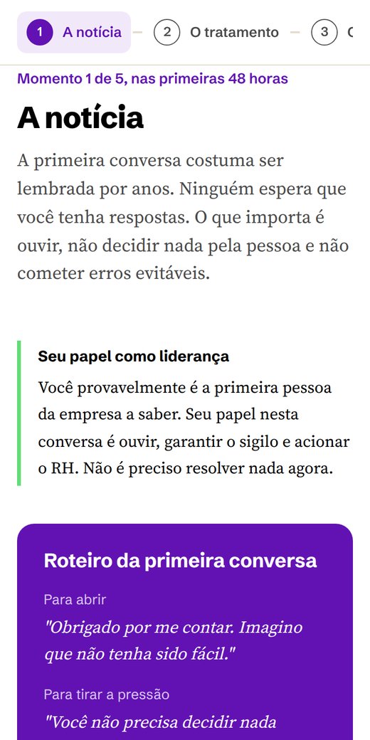 Tela do guia no celular, com o roteiro da primeira conversa